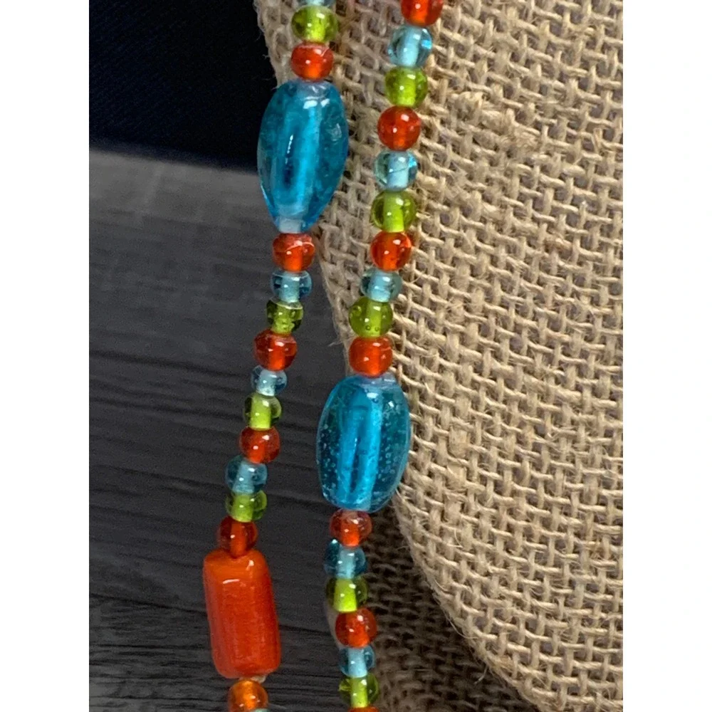 Vintage Colorful Multi Strand Glass Bead Long Necklace 56 Inch Boho 3455